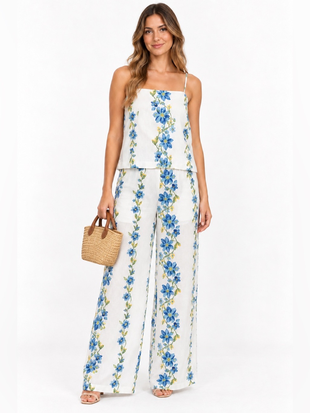 HYFVE Floral Two Piece Set Cami Top Wide Leg Pants Blue Yellow White NWT